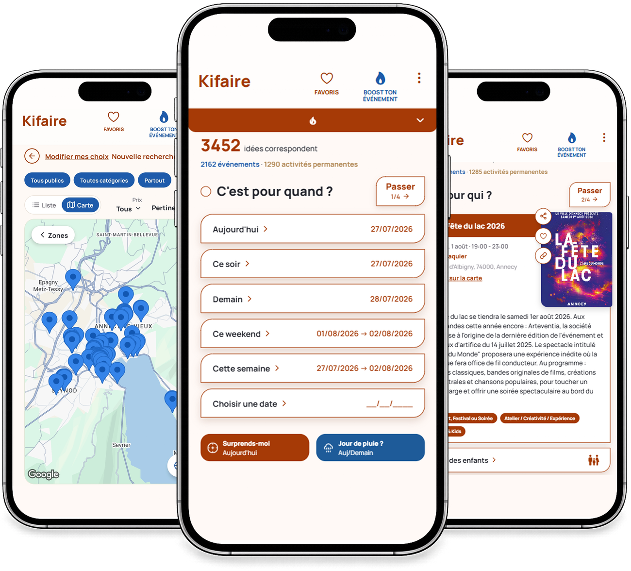 L'application Kifaire : carte des sorties autour d'Annecy, recherche par moment et fiche événement